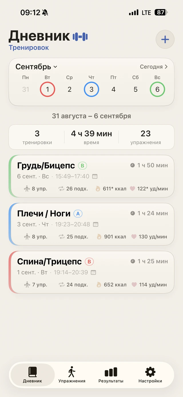 Дневник: календарь и история тренировок