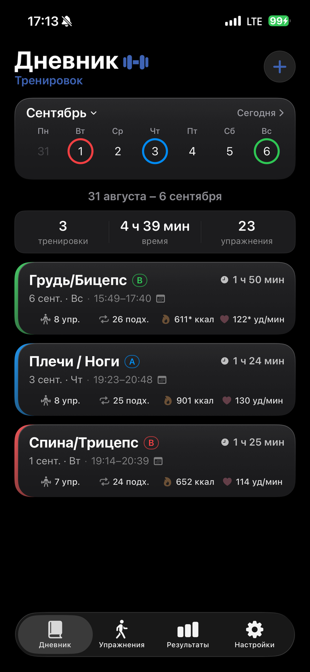 Дневник тренировок за неделю